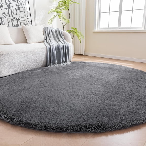 RLESO Fluffy Washable Round Area Rug ,Circle Shaggy Carpet for Living Room ,Bedroom ,Nursery ,Round Rug 4Ft ,Dark Gray