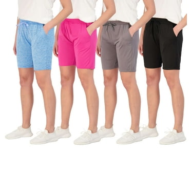 Real Essentials 4 Pack: Women's Dry-Fit Athletic 7" Bermuda Long High Waisted Running Shorts (Available In Plus Size)
