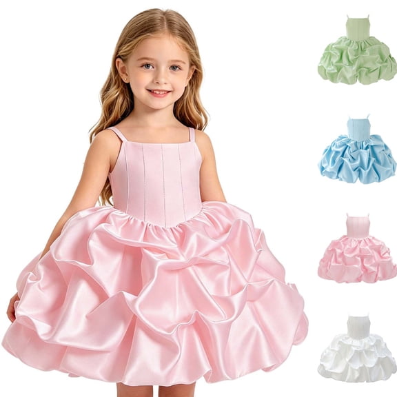 HJYCHN Dresses for Girls Spaghetti Strap Square Neck Party Dress with Pleated Bodice and Layered Ruffled Skirt for Kids Dress 5-6 Years
