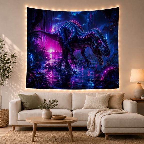 Spinosaurus in Dark Swamp Water with Neon Lights, Energetic Digital Art for Fantasy Decor Lovers, Jungle Dinosaur Art Print, Birthday Gift Tapestry Wall Hanging for Gaming Room and Bedroom