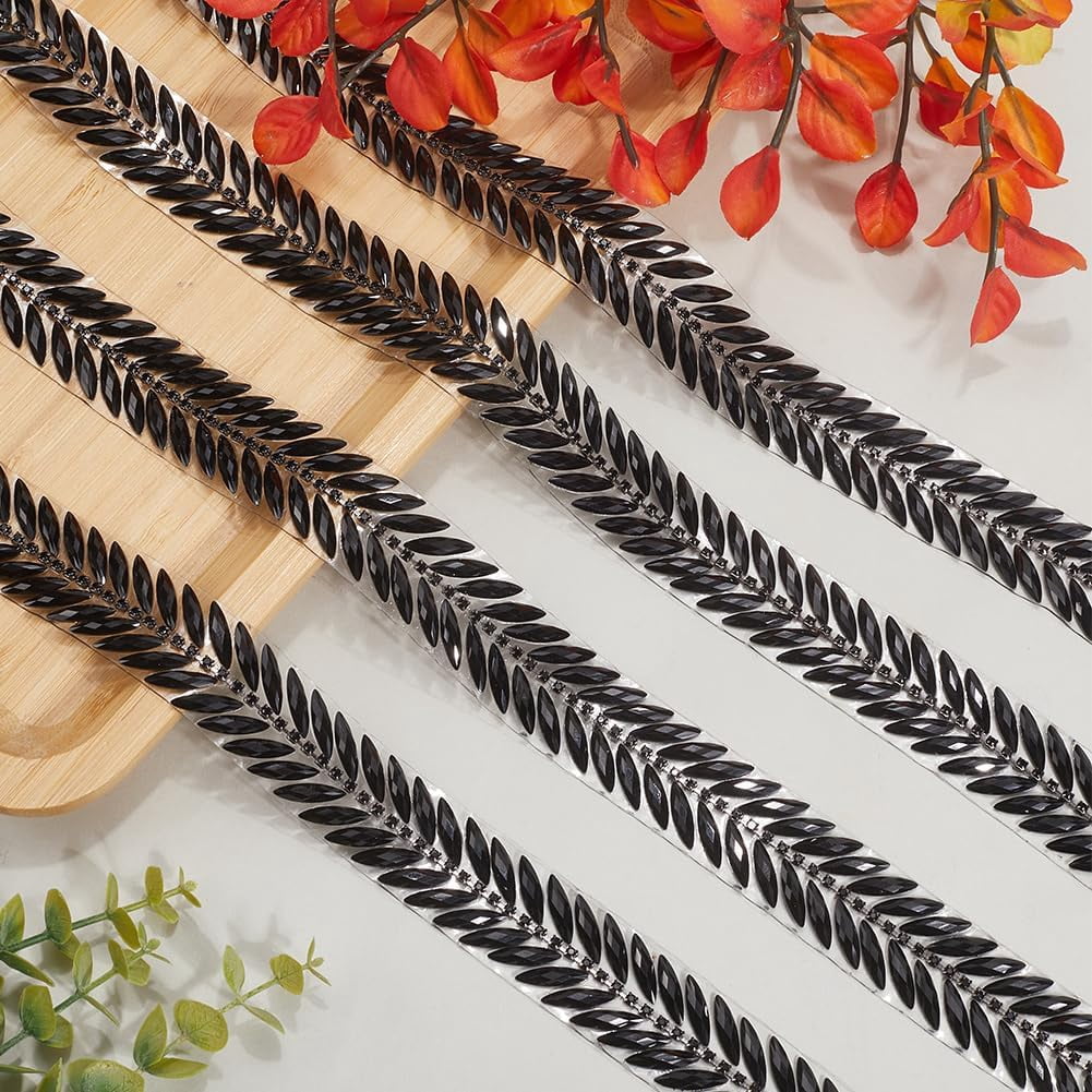 5 Yards Black Rhinestone Hot Melt Adhesive Trim Bling Chain Strips Roll Sparkle Diamond Applique Ribbon Stickers Tape for Sewing Making Jewelry Wedding Dresses Party Decor Diy Crafts Black