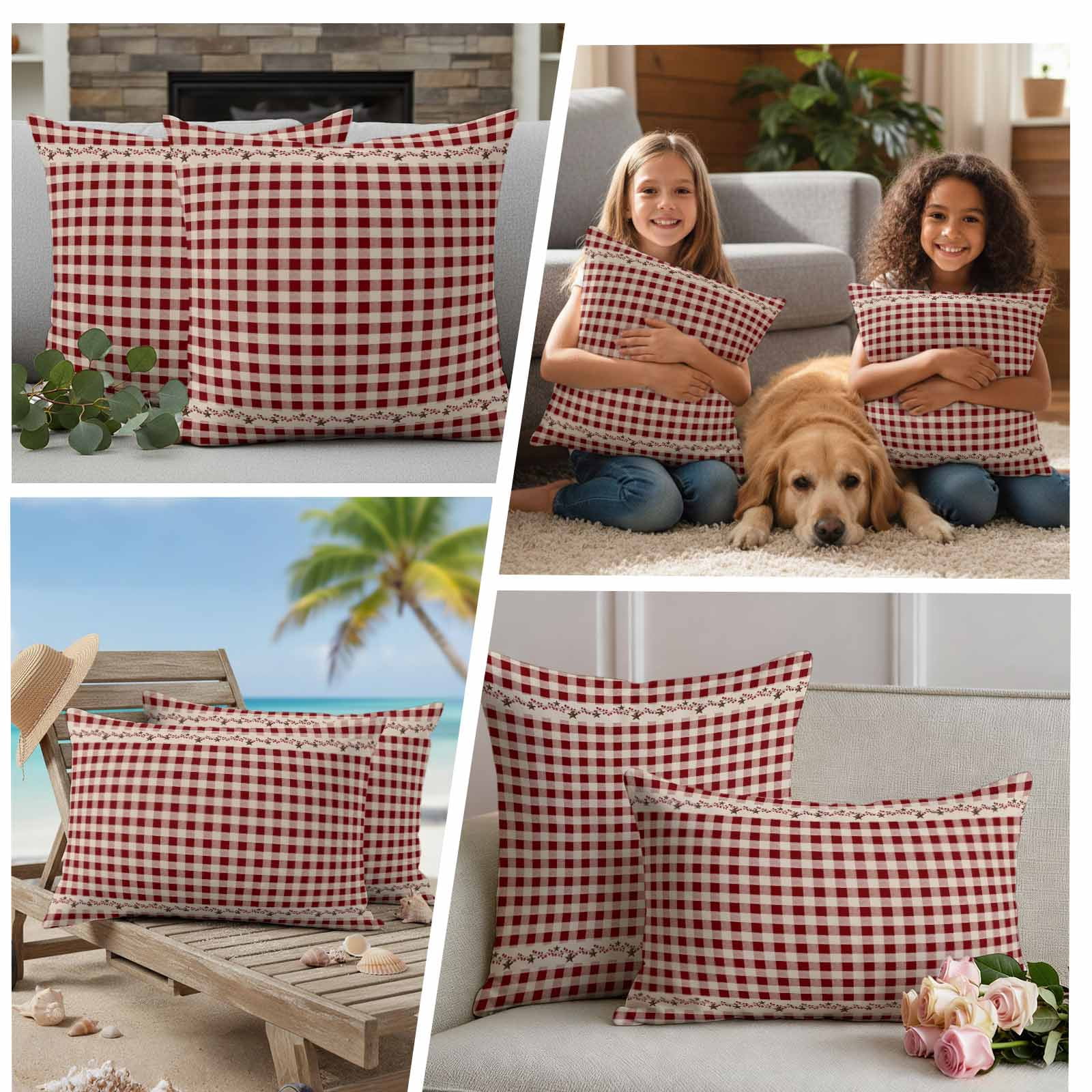Country Star Plaid Outdoor Waterproof Pillow Covers, Retro Red American Farm Barn Berry Decorative Square Throw Pillowcase Sofa Cushion Sham for Patio/Couch/Chair, 18"x18" 2 Pack