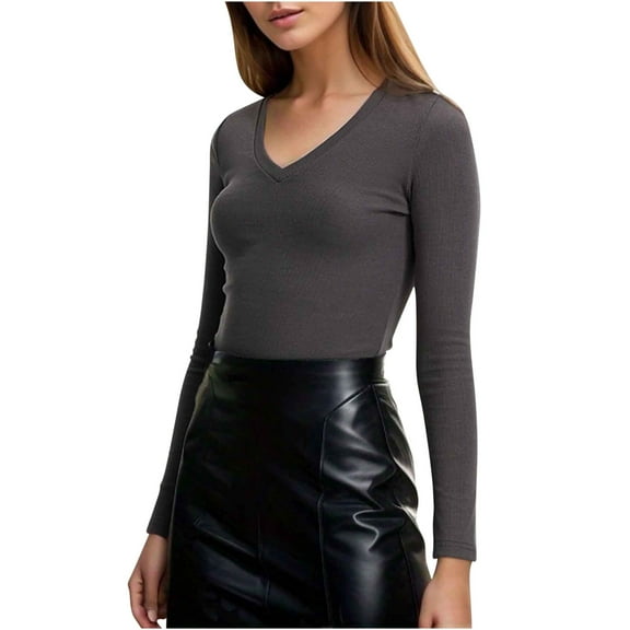 BLVB Women's V Neck Long Sleeve Tops Casual Slim Fit Basic T-Shirts Going out Fall Spring Layer Tops Tight