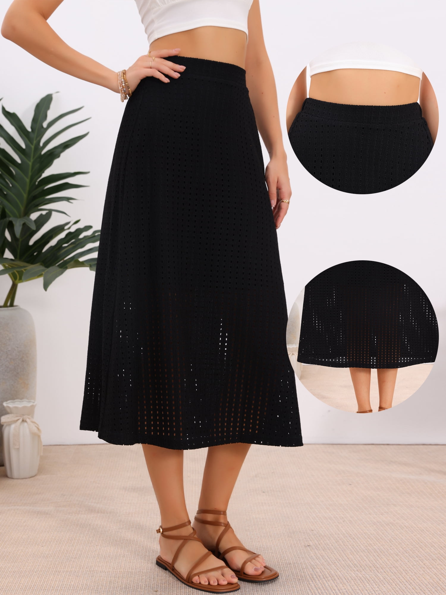 DARING DIVA Women's Summer Long Skirt Eyelet Beach Midi Skirt Medium Black