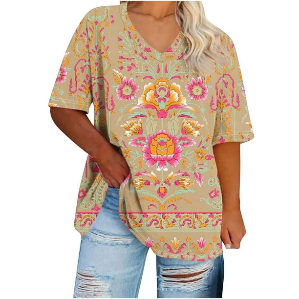 Camisetas Casuales de las Mujeres de Manga Corta de Cuello en V Oversized Camiseta Deportiva de Verano, Top Impreso Casual