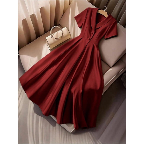 Plus Size Womens Burgundy A-Line Dress With Shawl Collar And Short Sleeves For Formal Or Office Wear