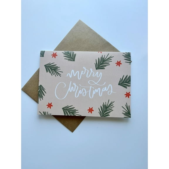 Merry Christmas Card with Festive Pine and Star Design – Blank Inside, Includes Envelope – Perfect for Holiday Greetings and Wishes