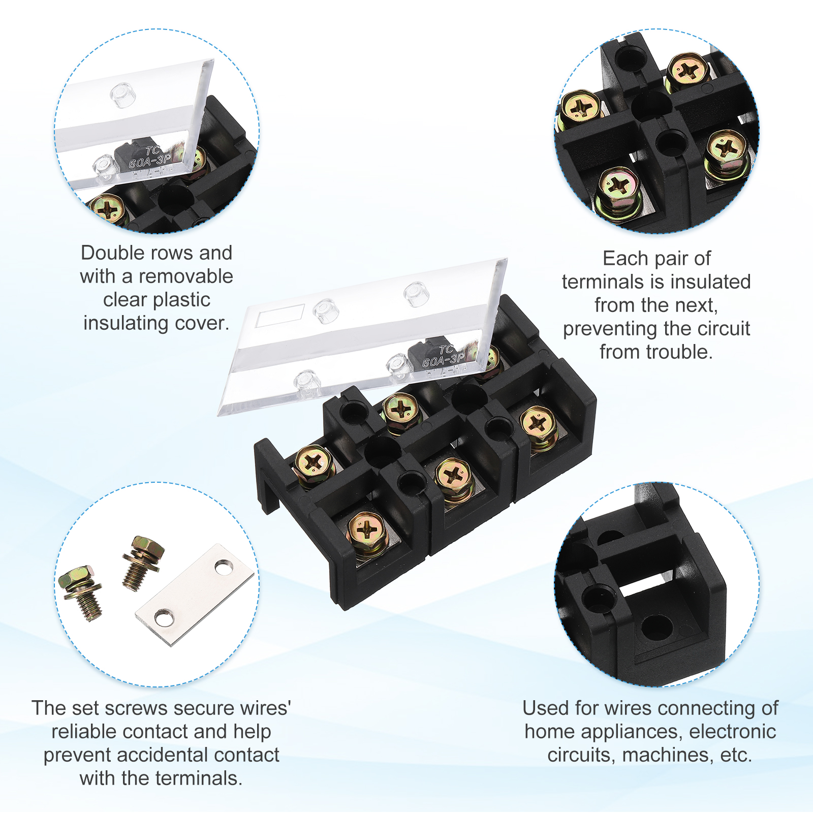 2 Pcs Barrier Terminal Strip Block 600V 100A Dual Rows 3 Positions Rail Base Screw Connector(The Shell Is Made of Flame Retardant and Heat Resistant Material)
