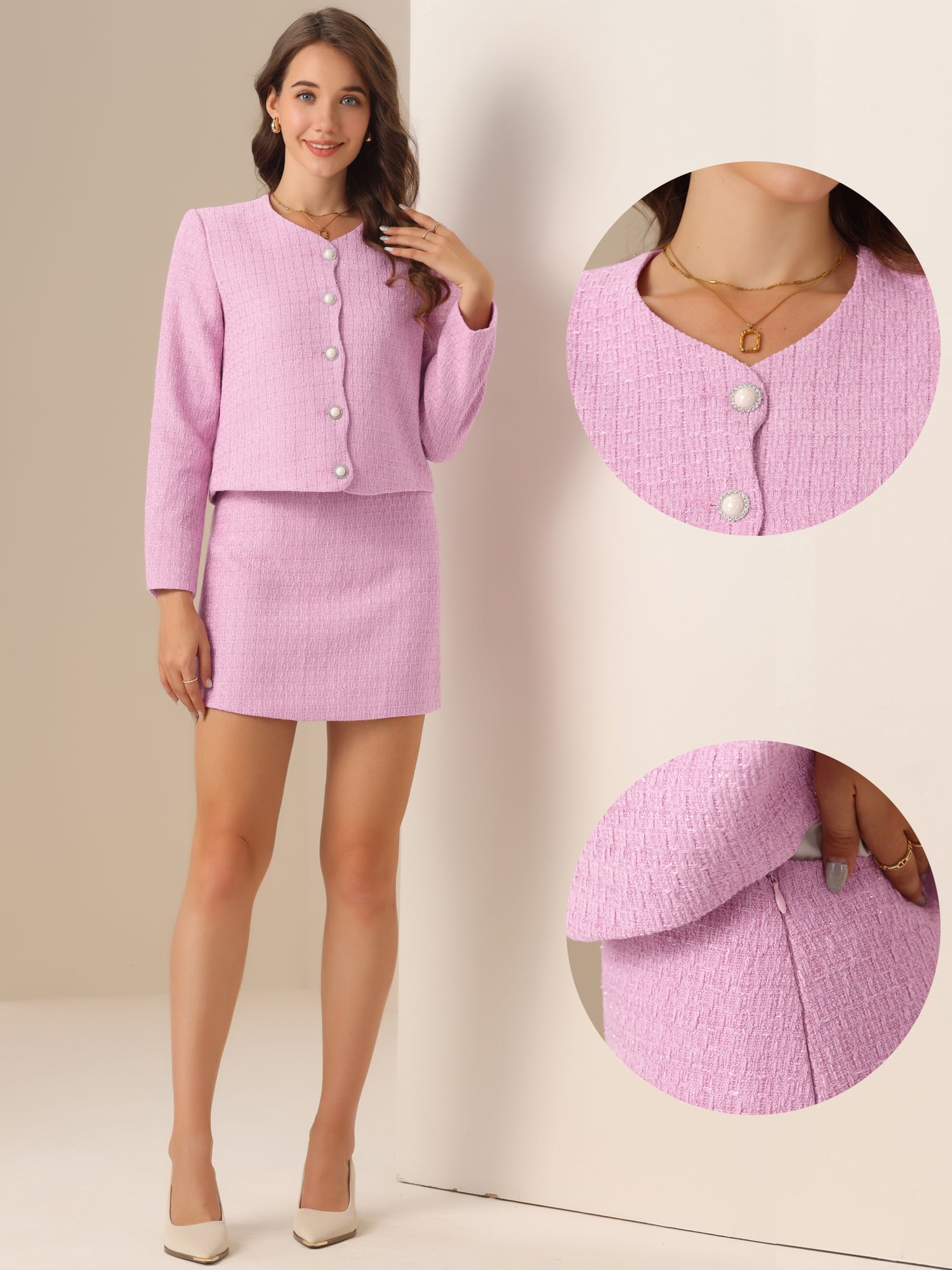 DARING DIVA 2Pcs Women's Elegant Business Blazer Skirt Tweed Suit Set M Pink