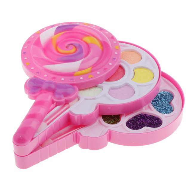 de juguetes cosméticos para niñas, caja de maquillaje, de de ojos, rubor para , de moda estilo1 multicolor paleta de juguete vista 3/4, caja de plástico rosa con tapa decorativa tipo piruleta y tres niveles que revelan sombras en tonos pastel y compartimentos con brillo; dimensiones estilo1 27.2x20.5x4.9 cm. Recomendado para mayores de 3 años; adecuado como set de juego de roles para practicar coordinación manual bajo supervisión.