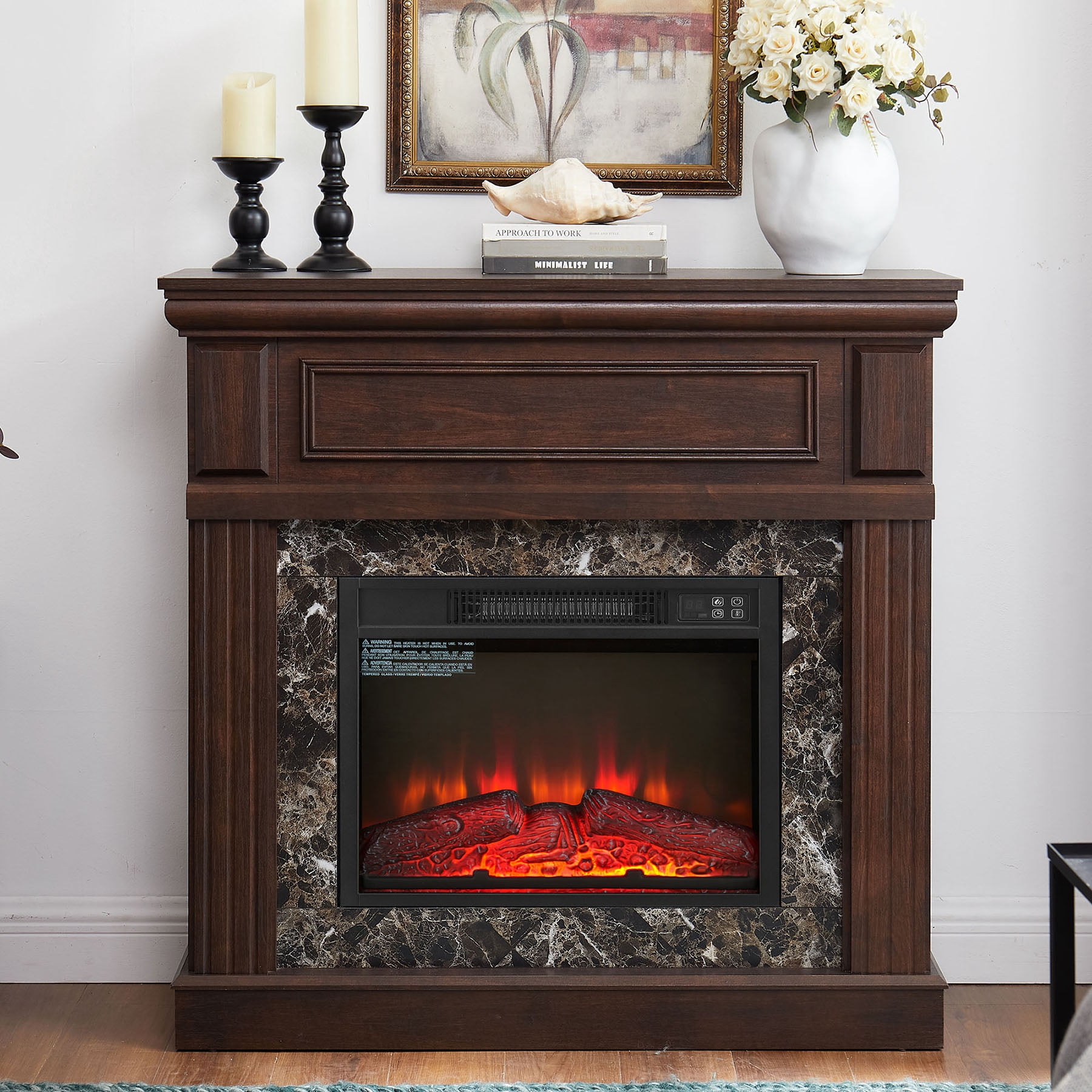 S-HOME Electric Fireplace Mantel Surround with 23 Inch Insert, Adjustable Flame, Remote Control for Home，Cherry