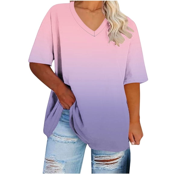 CLOISE Short Sleeve Tops for Women Casual Plus Size Shirts V Neck Pullover Gradient Summer Blouses Pink 2XL