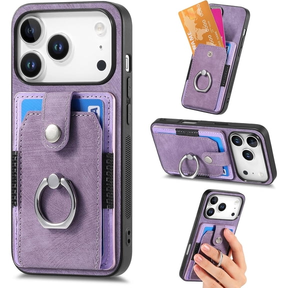 Wallet Case for iPhone 17Pro Max Card Holder Phone Case, Soft Leather, Retro RMetal Ring, Car Mount, Magnetic for Women Man(Purple, for iPhone17 ProMax)