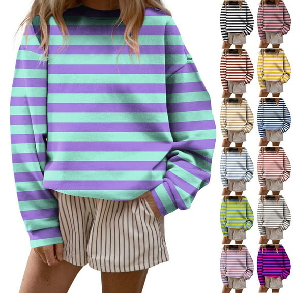 Horkkom Sweatshirt for Women Striped Print Crewneck Sweatshirts Casual Loose Fall Outfits L, Gifts for Women
