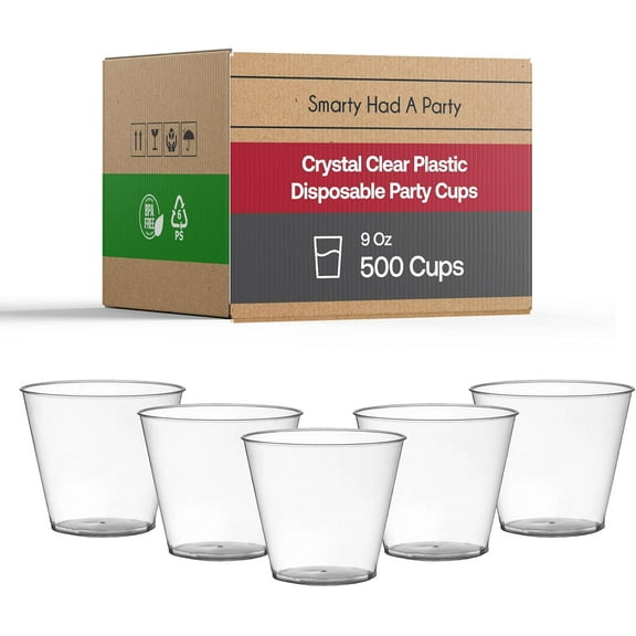 Smarty Had A Party 9 oz Clear Disposable Cups - Pack of 500 Plastic Tumblers - Versatile Cocktail Tumblers for Parties, Iced Coffee, Wine, and More