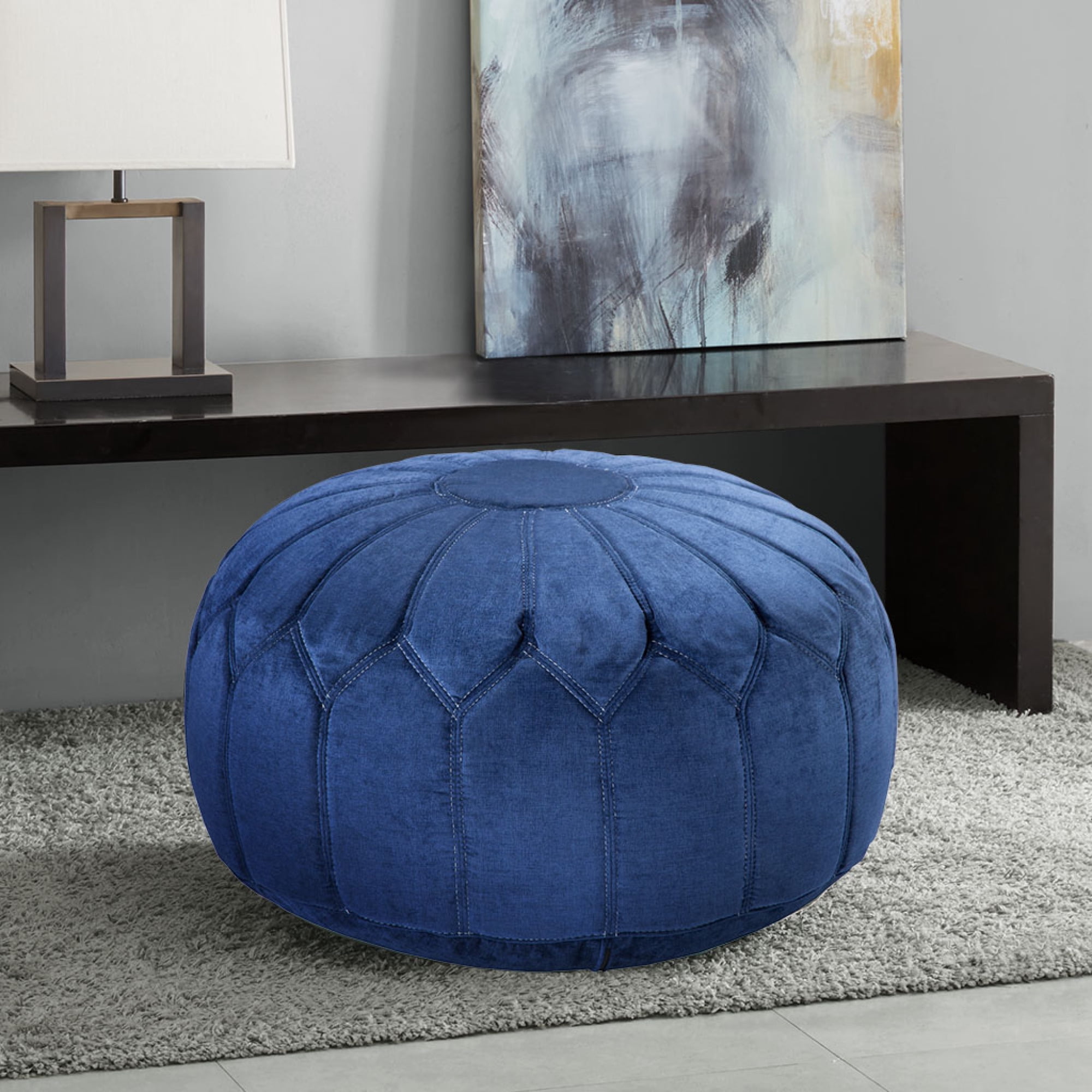 Blue Floral Oversized Round Pouf Ottoman with White Stitching
