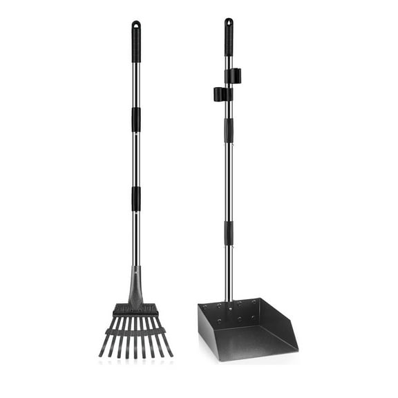 Dog Pooper Scooper Long Handle Stainless Metal Pet Poop Tray and Rake Set for Large Medium Small Dogs, Dog Waste Removal Bin Rake, Great for Grass, Street, Gravel
