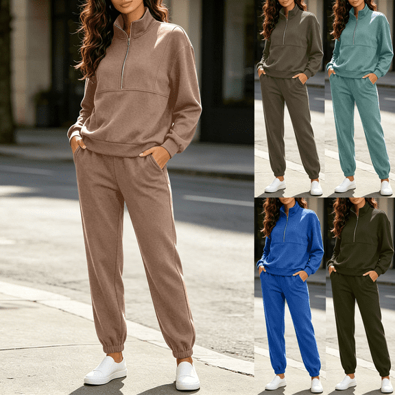 Zeijnsda Womens Two‑Piece Sets Casual Solid Color Matching Sweatsuits Stand Collar Half‑Zip Sweatshirt & Straight Leg Pants 2 Piece Sports Outfits S-5XL