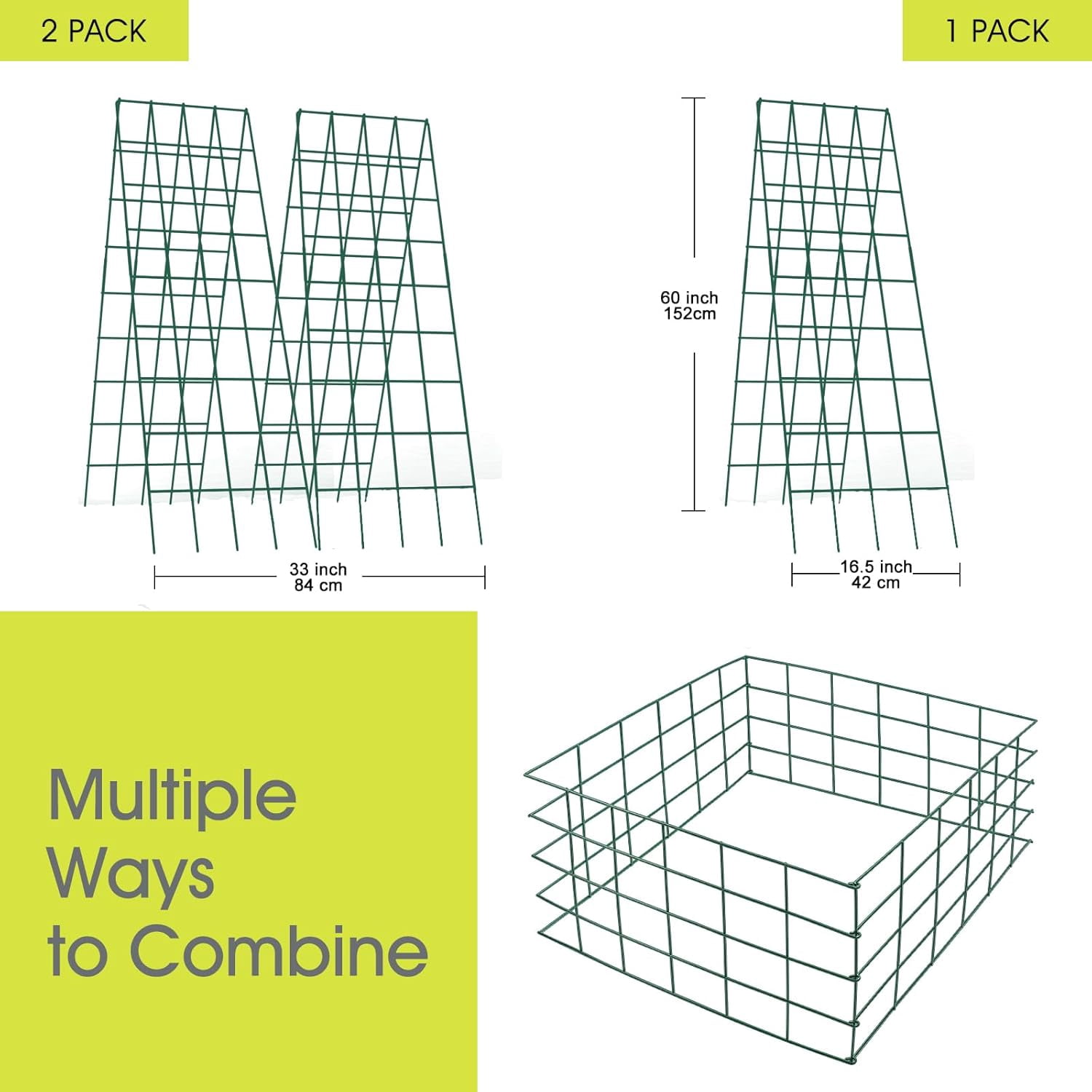 Cucumber Trellis for Raised Bed,  16.5 x 60 Inch Metal Trellis for Climbing Plants Outdoor with Plant Clips Twist Ties, Garden Plant A-Frame Trellis for Vegetable Pea Tomato (Green, 2 PCS)