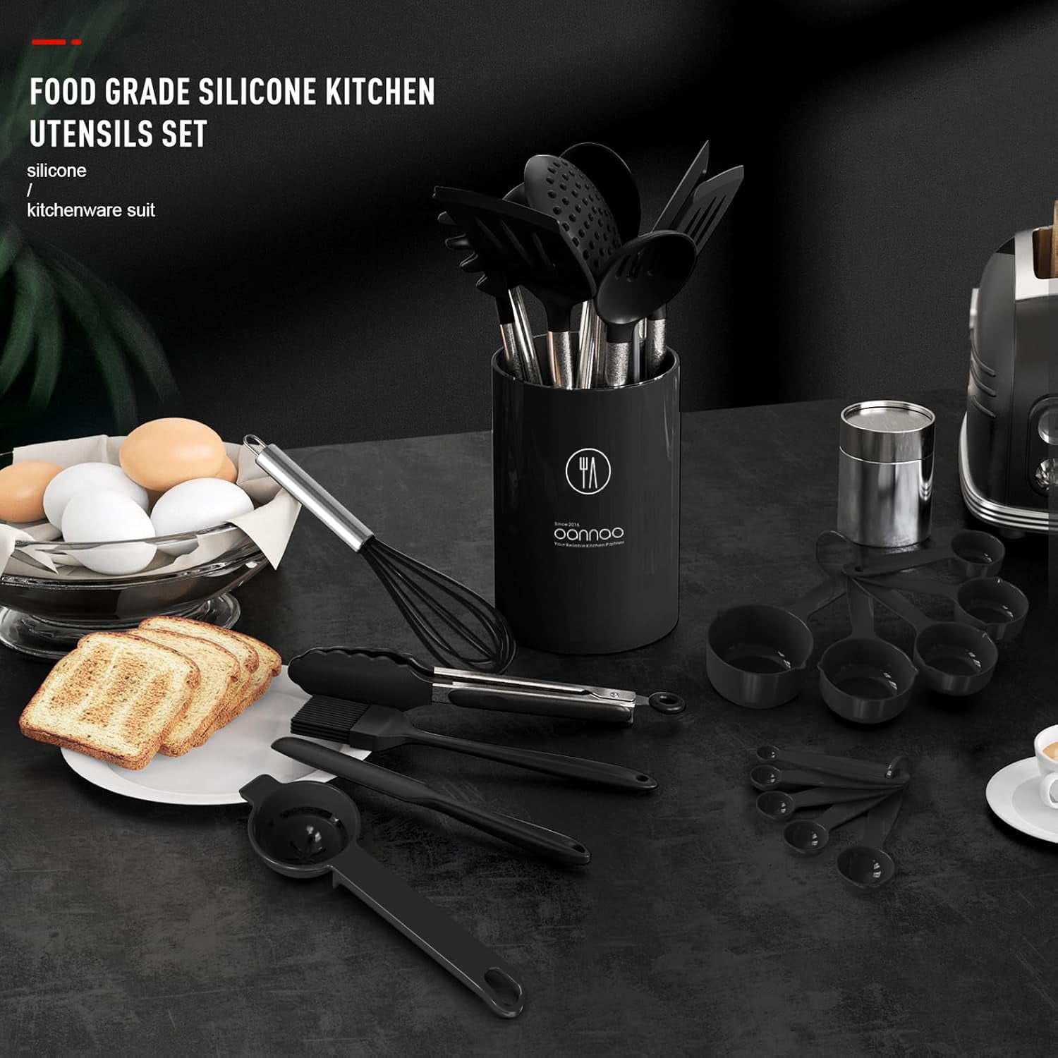 Large Silicone Cooking Utensils Set - Heat Resistant Kitchen Utensils Sets,Spatula,Spoon,Turner Tongs,Brush,Whisk,Stainless Steel Silicone Cooking Utensil for Nonstick Cookware Dishwasher Safe (Black