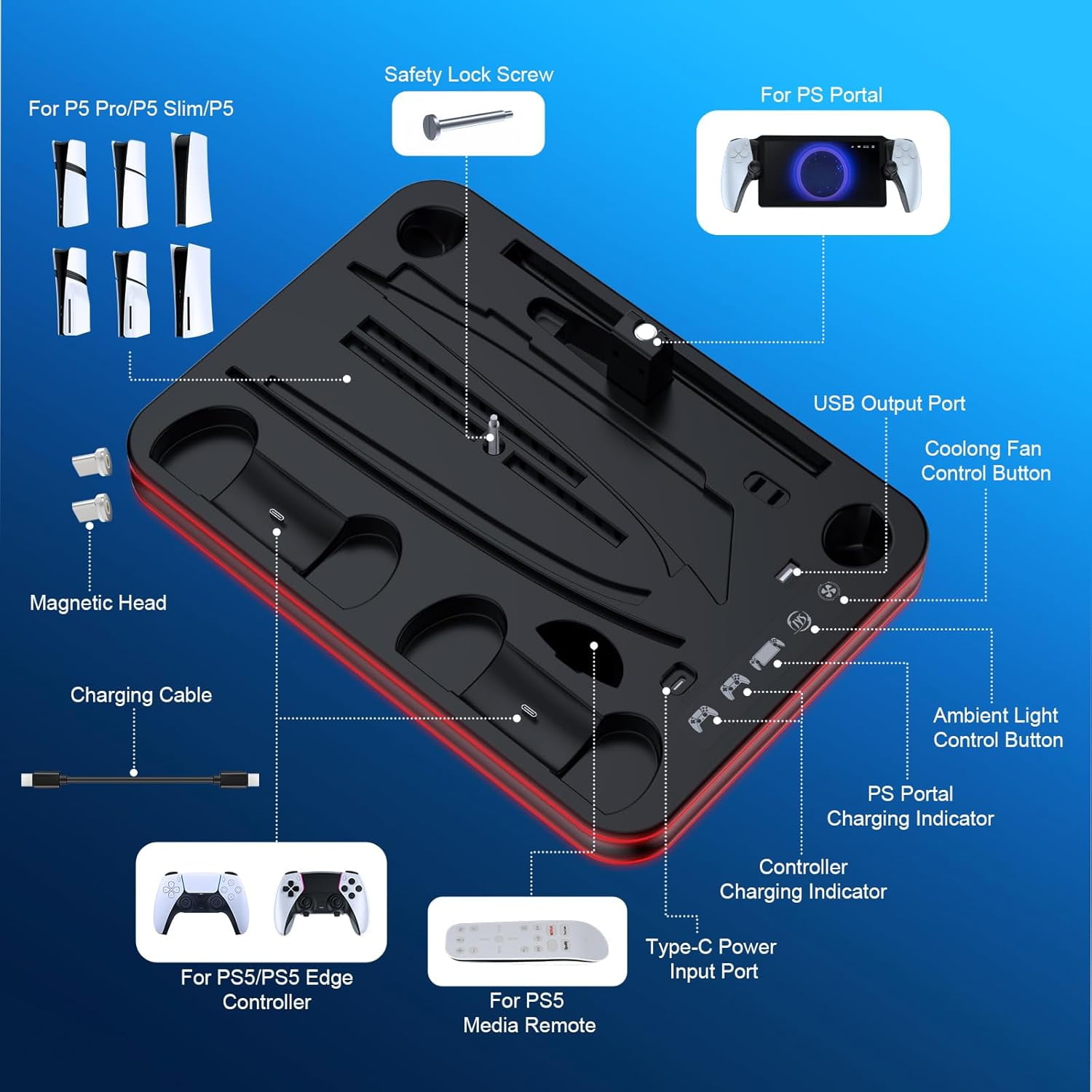 All in One Cooling Stand & Charger Station for PS5/Slim/Pro Console and Controller Charing Dock, Charging Stand for PlayStation Portal, Headset and Remote Holder with RGB Light Stand (Black)