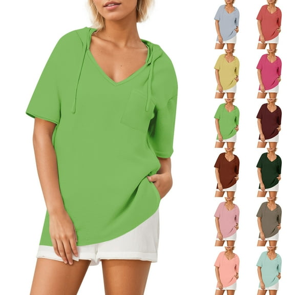 Fanxing Womens Short Sleeve Hoodies V Neck Summer Tops with Hood Loose Fit Drawstring Pullovers Yellow,M
