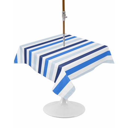 Outdoor Tablecloth with Umbrella Hole and Zipper Navy Blue Striped Square Tablecloths 54x54 Inch Waterproof Table Cloths Lines Stripes Patio Table Cover for Outdoor Tables Picnic BBQS Party Decor