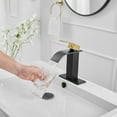thumbnail image 4 of Waterfall Single Handle Single Hole Low-Arc Bathroom Faucet Bathroom Drip-Free Vanity Sink Faucet in Matte Black & Gold, 4 of 11