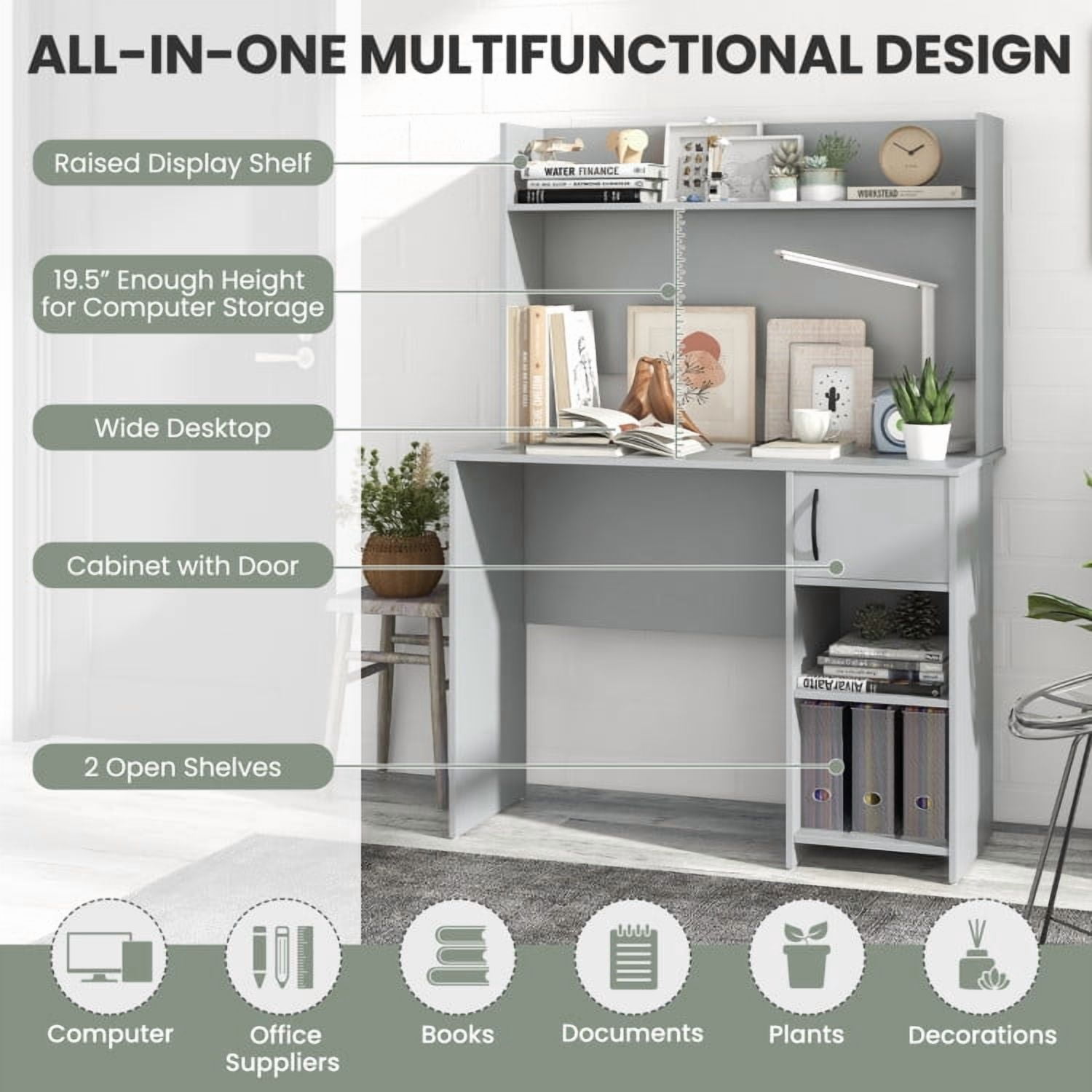 Spaco Home Office Desk with Raised Display Shelf and 2 Open Shelves-Gray, Office Desk, Gaming Computer Desks for Study,Working,Writing