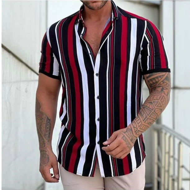 Camisa De Manga Corta Con Estampado De Rayas Para Hombres Camisa Casual Con Botones Solapa Verano Nueva Moda Bodega Aurrera en linea