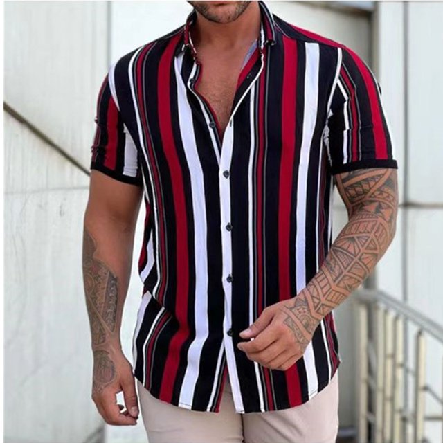 Camisa De Manga Corta Con Estampado De Rayas Para Hombres, Camisa Casual Con Botones, Solapa, Verano, Nueva Moda