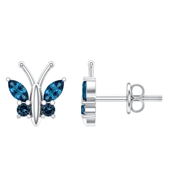 Rosec Jewels Natural London Blue Topaz Butterfly Earrings for Women - AAA Quality - Screw Back - Ready to Gift with Jewelry Box, 925 Sterling Silver