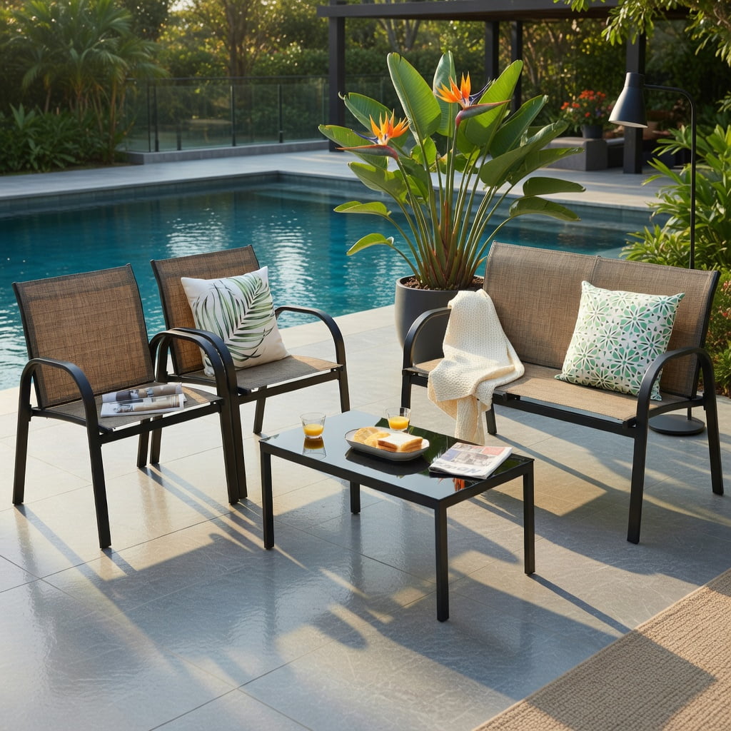 Hommoo 4-Piece Modern Outdoor Patio Furniture Set, Steel Frame Loveseat, 2 Single Sofas & Tempered Glass Top Coffee Table, Brown