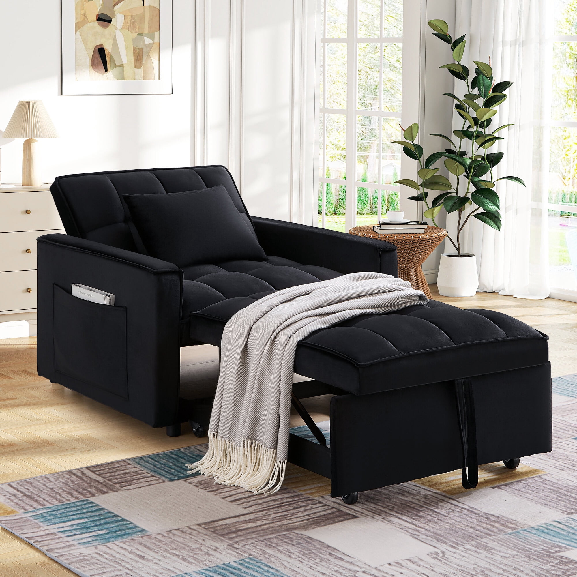 Lunale 4-in-1 Convertible Sleeper Sofa Chair Bed for Adult, Lounge Chair Indoor, Modern Single Couch for Living Room, Small Spaces, Black Velvet