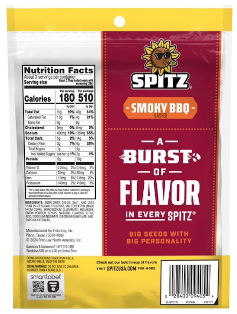 Spitz Smoky BBQ Flavored Sunflower Seeds 6 oz Resealable Bag (Pack of 48)