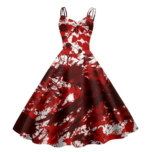 Robes d'Été Rétro à la Mode pour Femmes Halloween Robes de Travail pour Femmes Imprimé Amusant Bretelles Décontracté Robe Mi-Longue Longue (1)