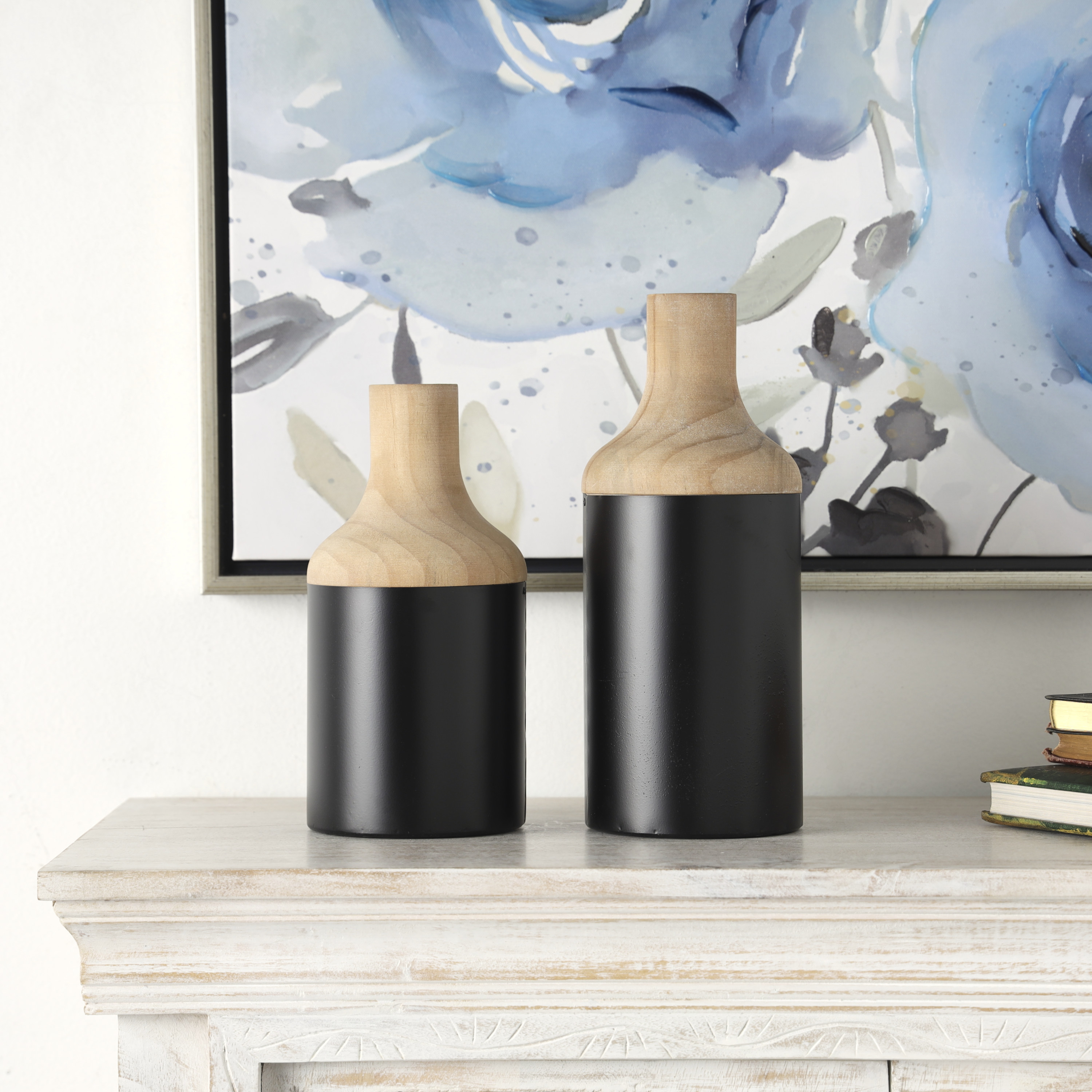DecMode 12", 10"H Colorblock Black Wood Vase with Light Brown Wood Tops, Set of 2