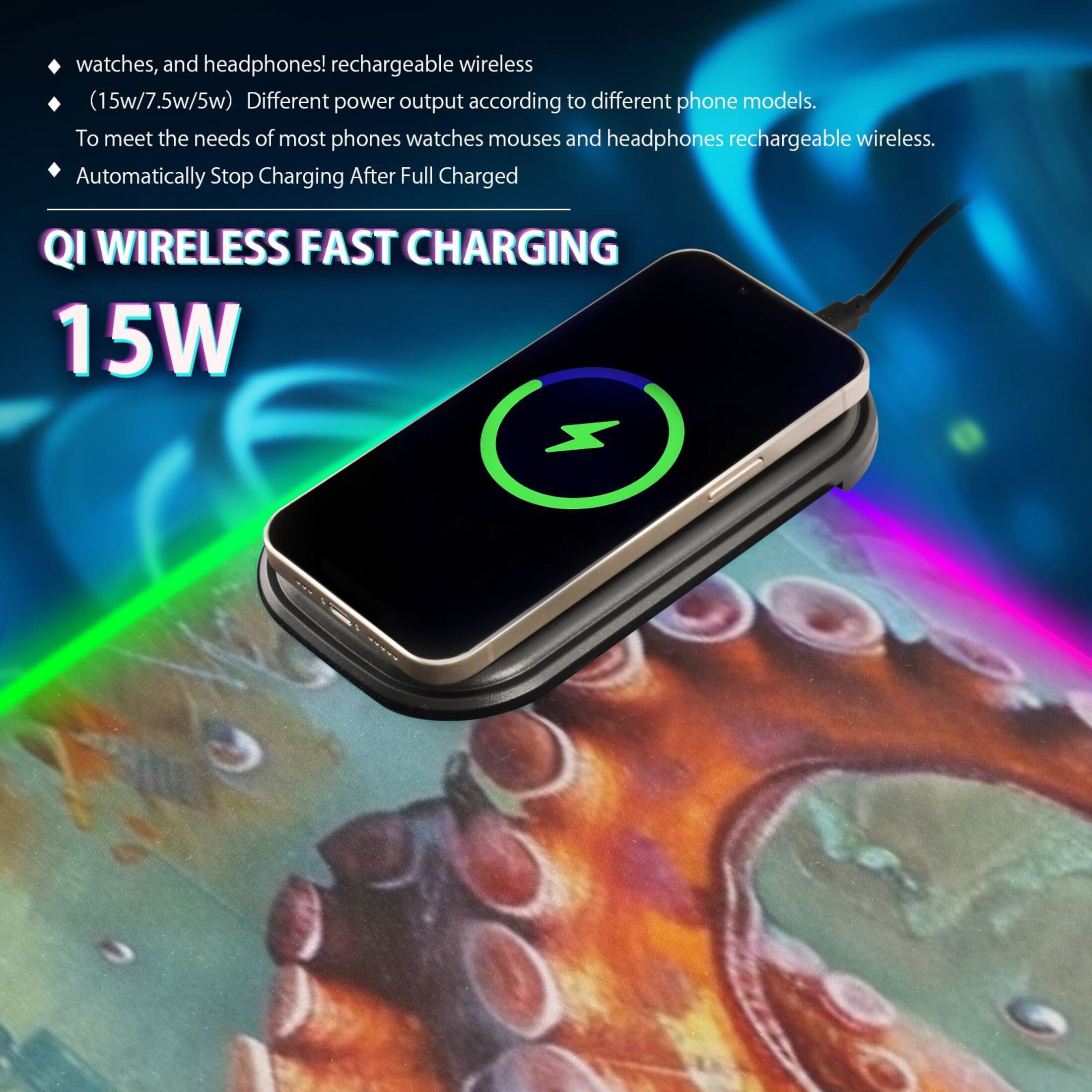 Wireless Charging Mouse Pad Large RGB Gaming Desk Mat 13 Light Modes Mousepad 35.4x15.7 Octopus in Bottom Sea