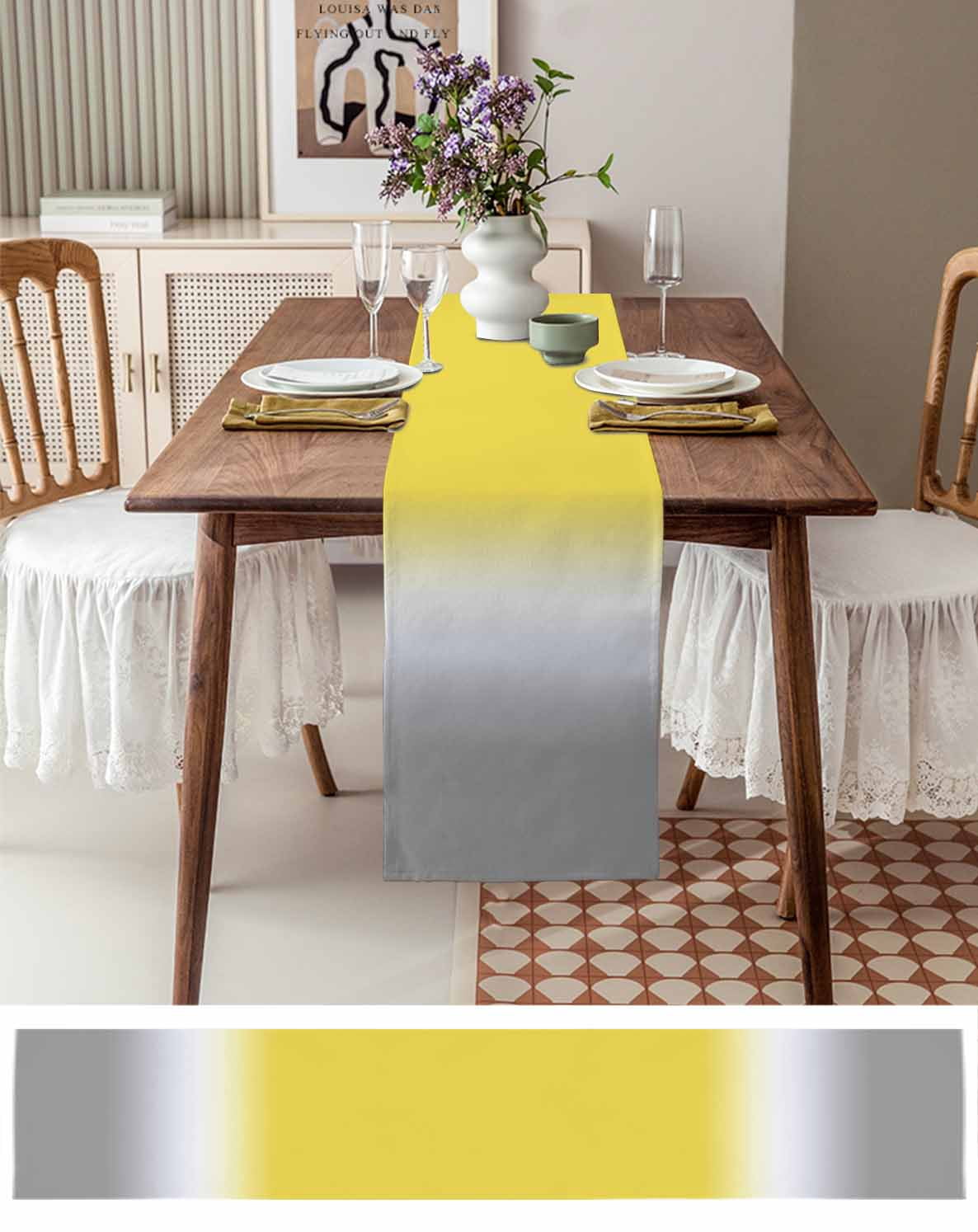 Ldtrchee Yellow White Grey Ombre Table Runner 36 Inches, Modern Abstract Aesthetics Bed Runner Dresser Scarves Tabletop for Indoor Outdoor Parties/Ceremony/Banquet, 13"x 36"