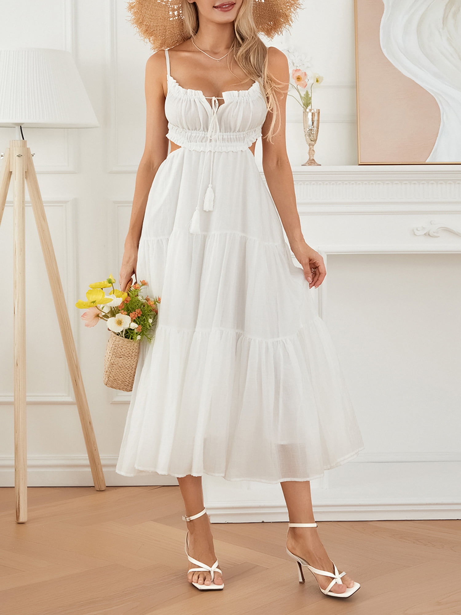 Women Summer Boho Cutout Long Dress Sleeveless Tiered Ruffle Ruched Cami  Dress Flowy Tie Back Beach Sundress Clubwear - Walmart.com