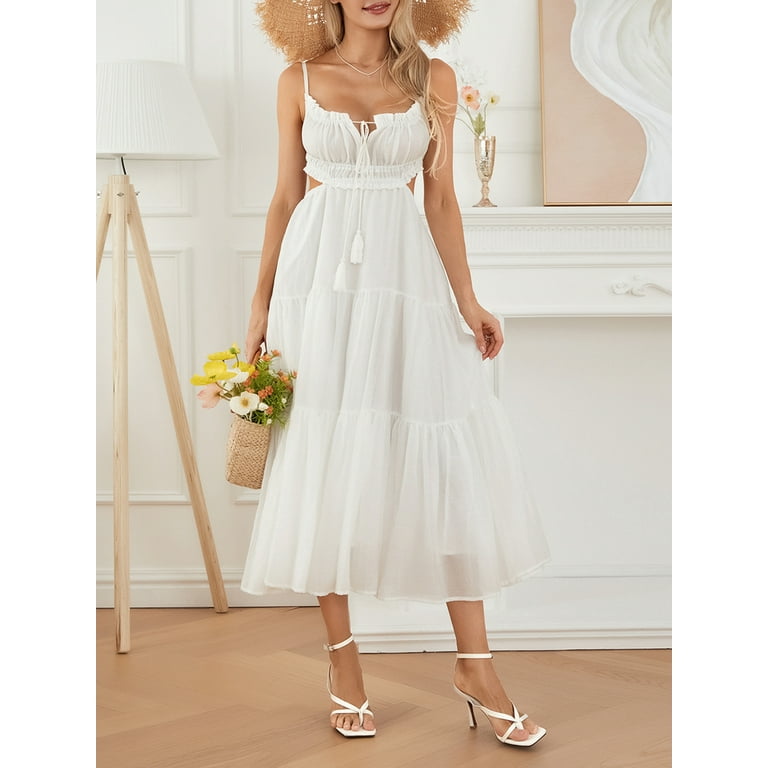 Women Summer Boho Cutout Long Dress Sleeveless Tiered Ruffle