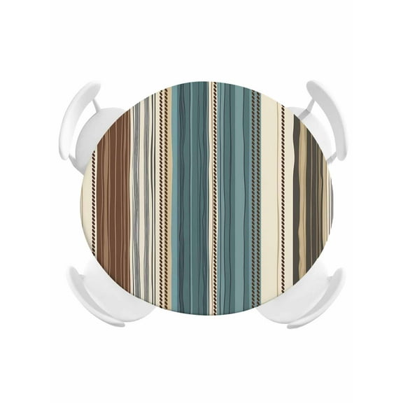Round Tablecloth Boho Vintage Striped Elastic Edge Fitted Teal Brown Beige Plastic Table Cover,Waterproof Oil Proof for Dinner,Outdoor, Picnic, 55"- 60" DIA Tables