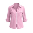 thumbnail image 5 of Women's Shirt Solid Long Sleeve Zipper Blouse Roll Up V Neck Collared Casual Tops with Pocket Vacation Wear Business Outfits, 5 of 8