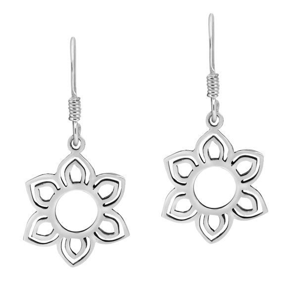 Yoga Asana Lotus Flower Shiny Sterling Silver Dangle Earrings