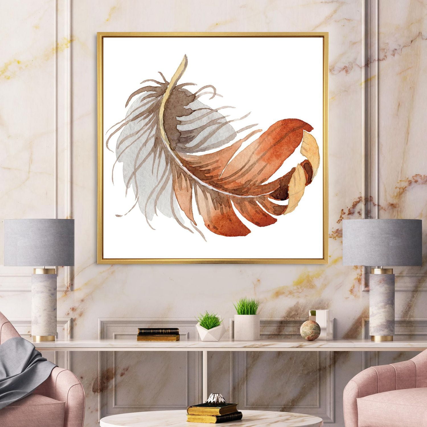 Designart Orange Ethnic Bird Feather FLOAT FRAME WALL ART