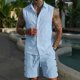 thumbnail image 3 of Ceisia Men's Loose Fit Linen 2-Piece Set Sleeveless Button-Down Shirt with Elastic Waist Drawstring Shorts Gifts, 3 of 6