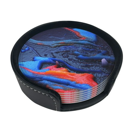 

Round Pu Leather Coaster Colorful Abstract Lava Background Heat - Resistant Beverage Cup Mat-Fancy Decor For Kitchen Office Dining Room Table - Drink Protector 6-Slice