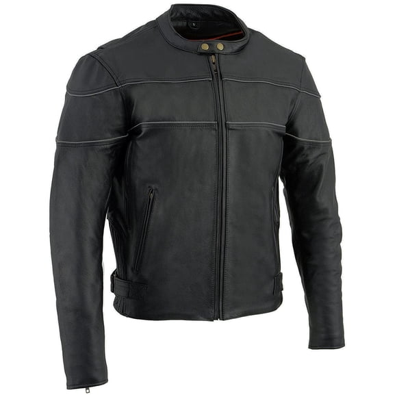 Milwaukee Leather SH1785 Men's Black Leather Scooter Style Motorcycle Jacket w/Side Stretch and Reflective Piping - 5X-Large