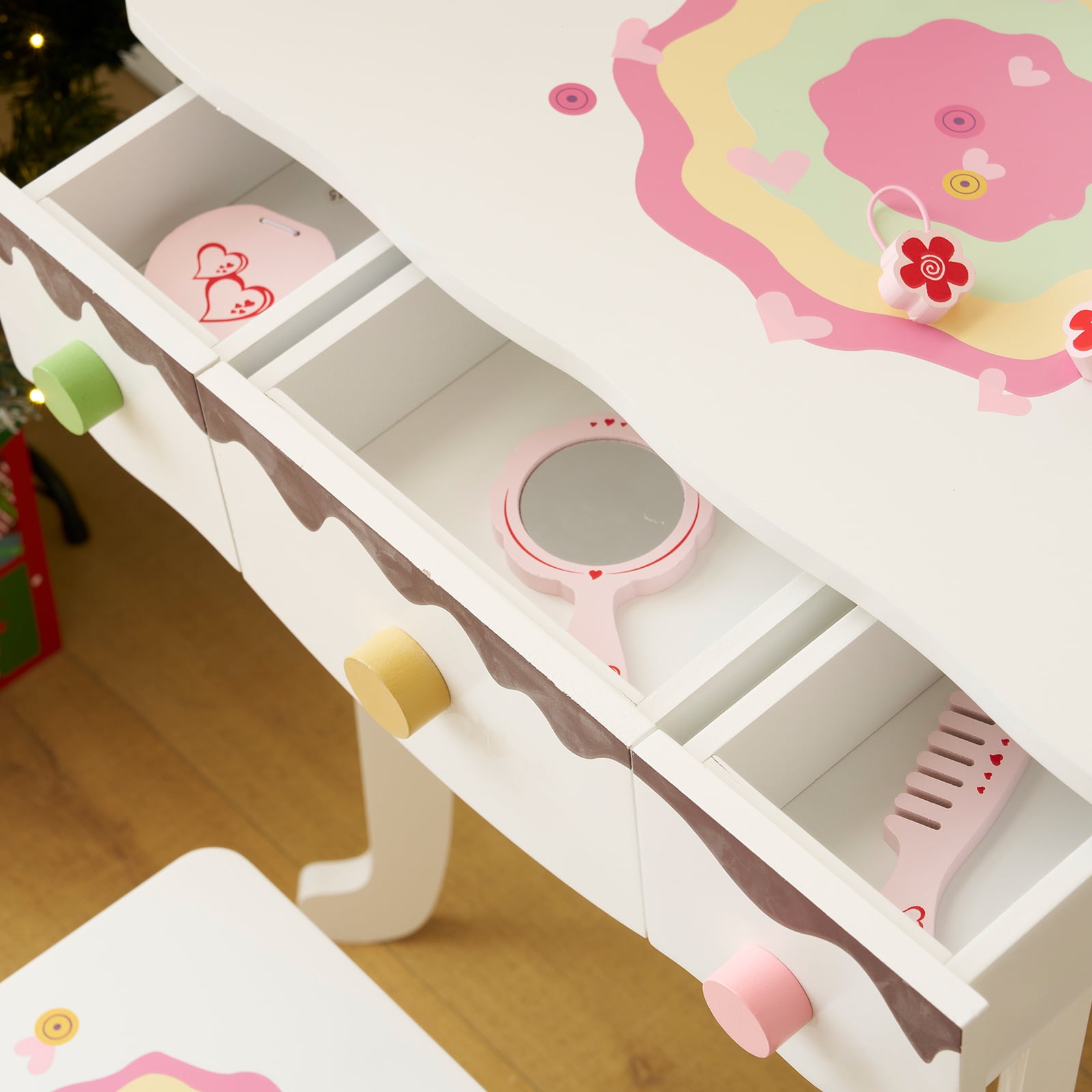 Paproos Kids Vanity with Mirror, Wood Girls Vanity Set with Drawers & Stool, Princess Toddler Dressing Table with 7Pcs Pretend Play Makeup Toys, Makeup Vanity Table for Littler Girls Aged 3+, White