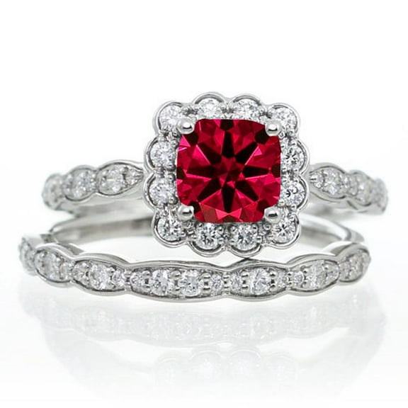 2.50 Carat Ruby 6mm Princess Cut And Moissanite Diamond Halo Bridal Ring Set on 10k White Gold